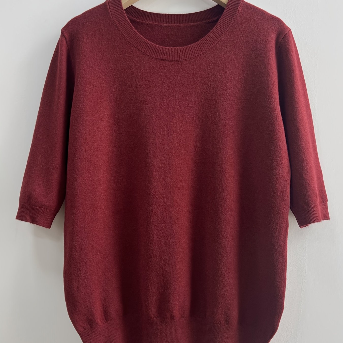 Suéter de manga corta de color sólido para mujer con cuello redondo para primavera y otoño