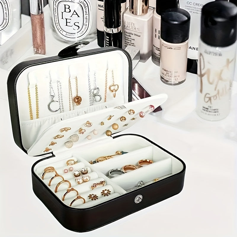 Mini Travel Jewelry Box with Double Layer Leather Organizer for Earrings Rings Necklaces