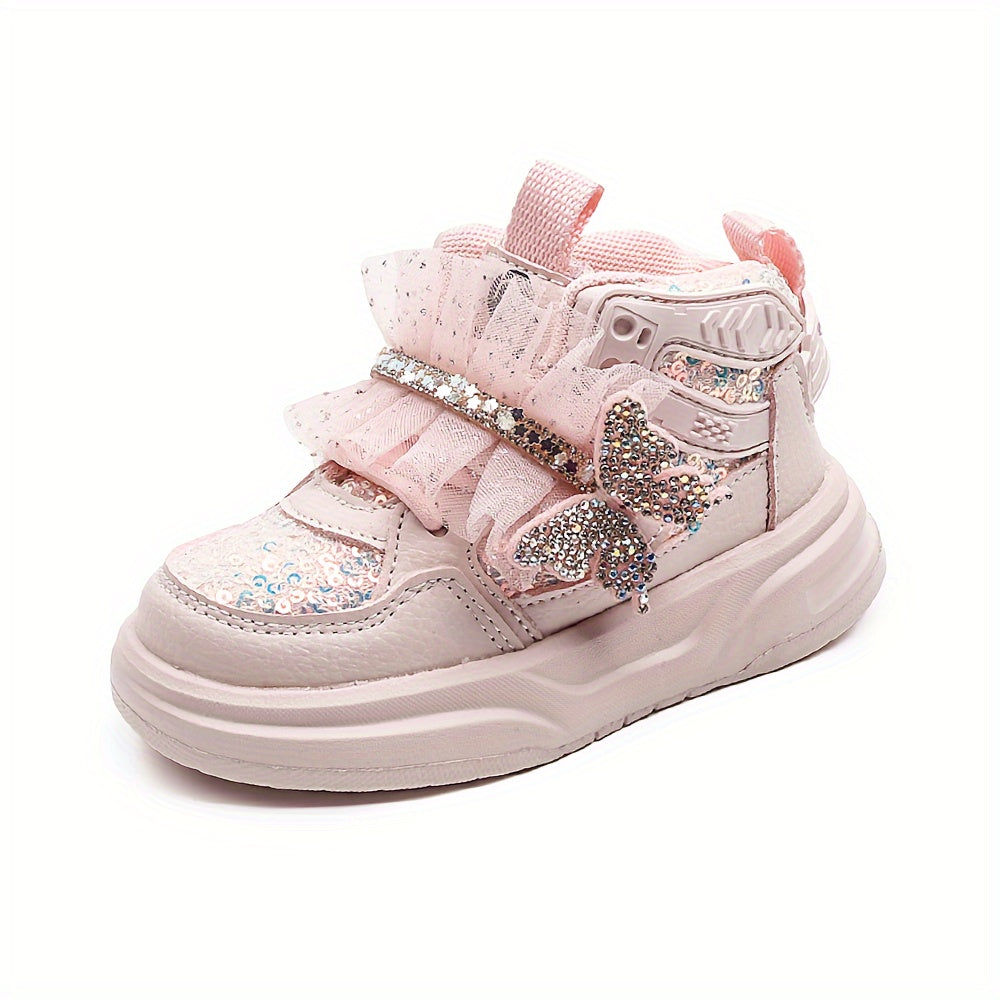 Girls' Mid-Top Sequin Rhinestone Bow Sneakers Casual Street Party Shoes