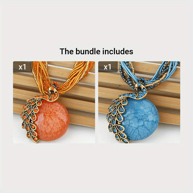 Vintage Alloy Peacock Leaf Gemstone Pendant Necklace Boho-Chic Jewelry
