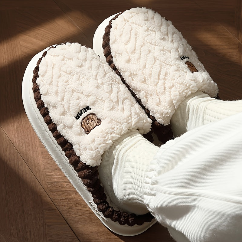 Unisex Plush Slippers Warm Indoor Winter Shoes Thick Sole Soft Lining