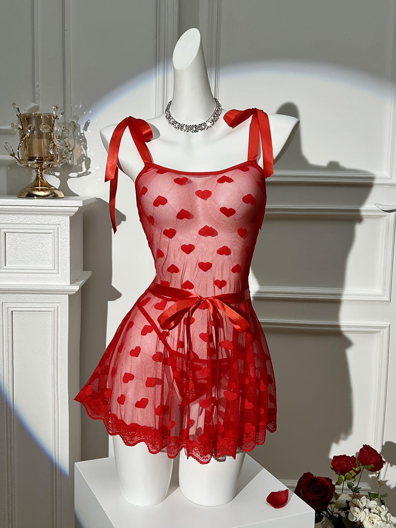 Women's Red Lace Lingerie Dress Set with Thong