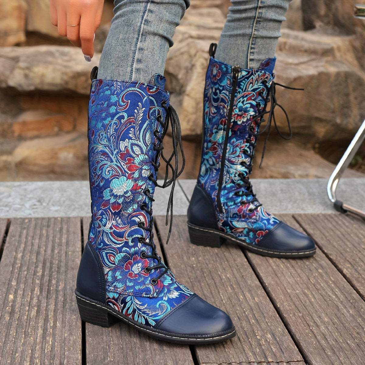Women's Ethnic Style Lace-Up Mid-Calf Boots Colorful Patterns Casual Shoes
