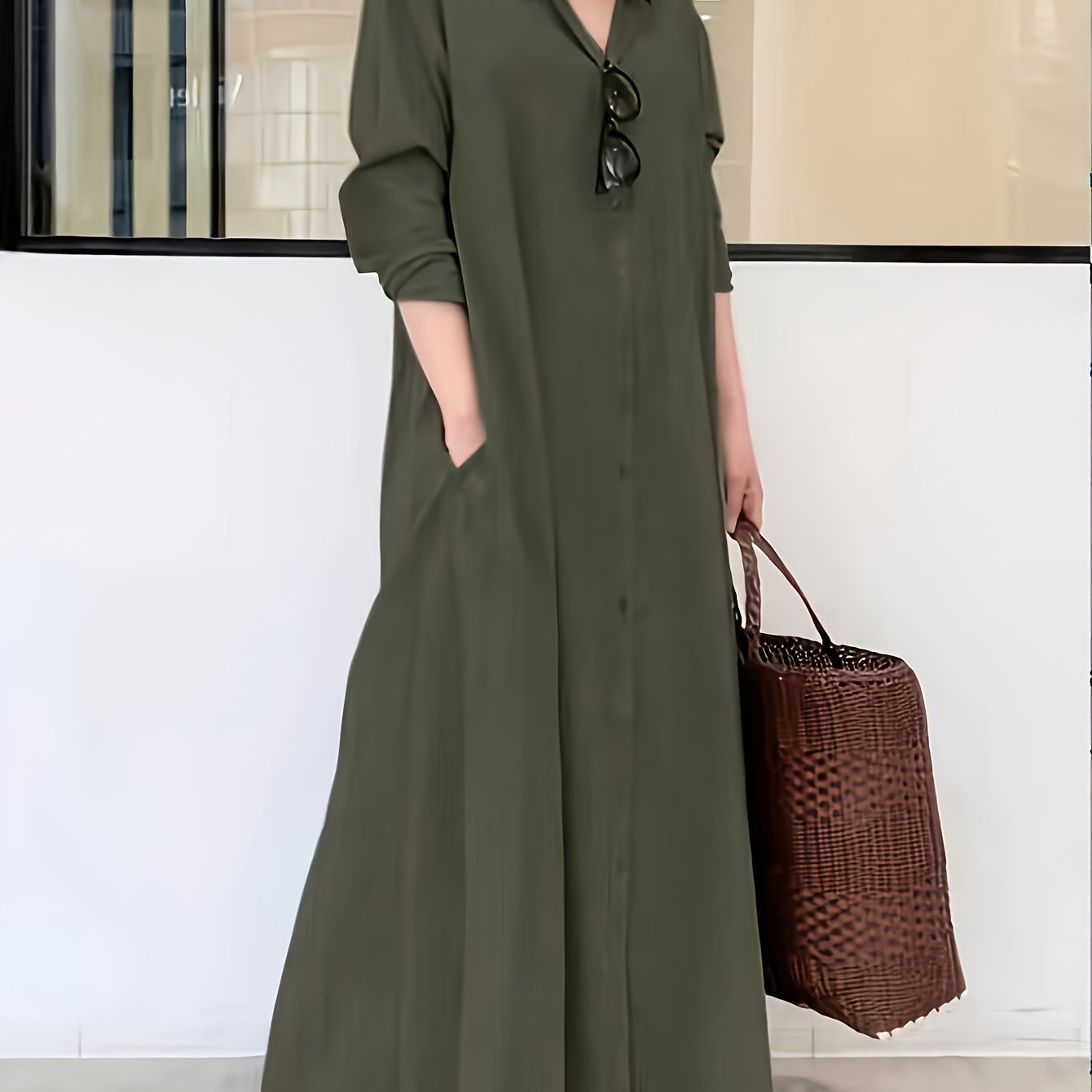 Women's Solid Color Button Front Shirt Dress with Long Sleeves Maxi Style for Spring and Fall