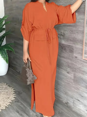 Vestido dividido de poliéster para mujer con cuello redondo, color sólido, elegante túnica