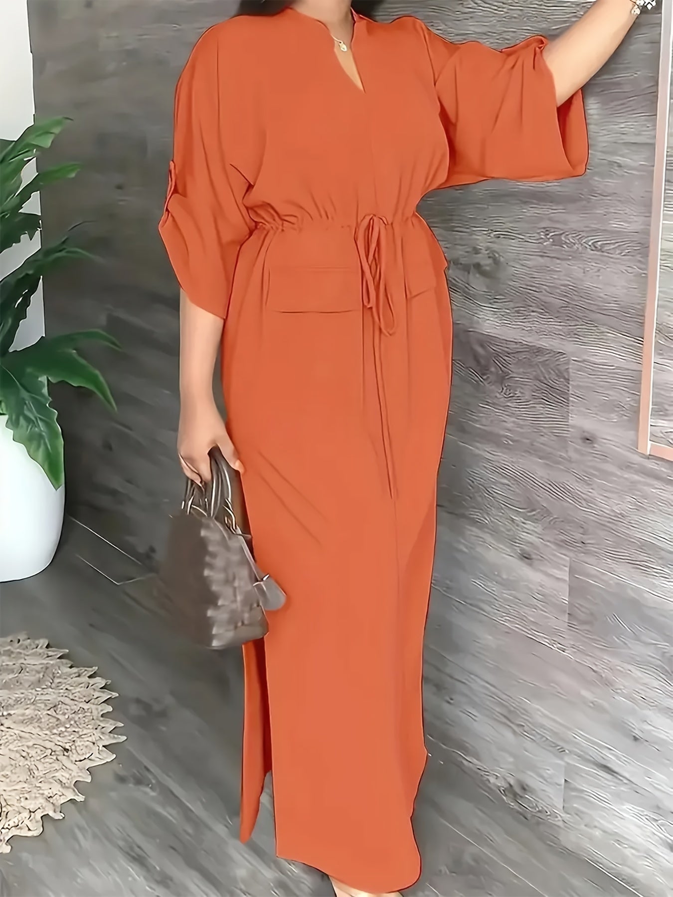 Vestido dividido de poliéster para mujer con cuello redondo, color sólido, elegante túnica