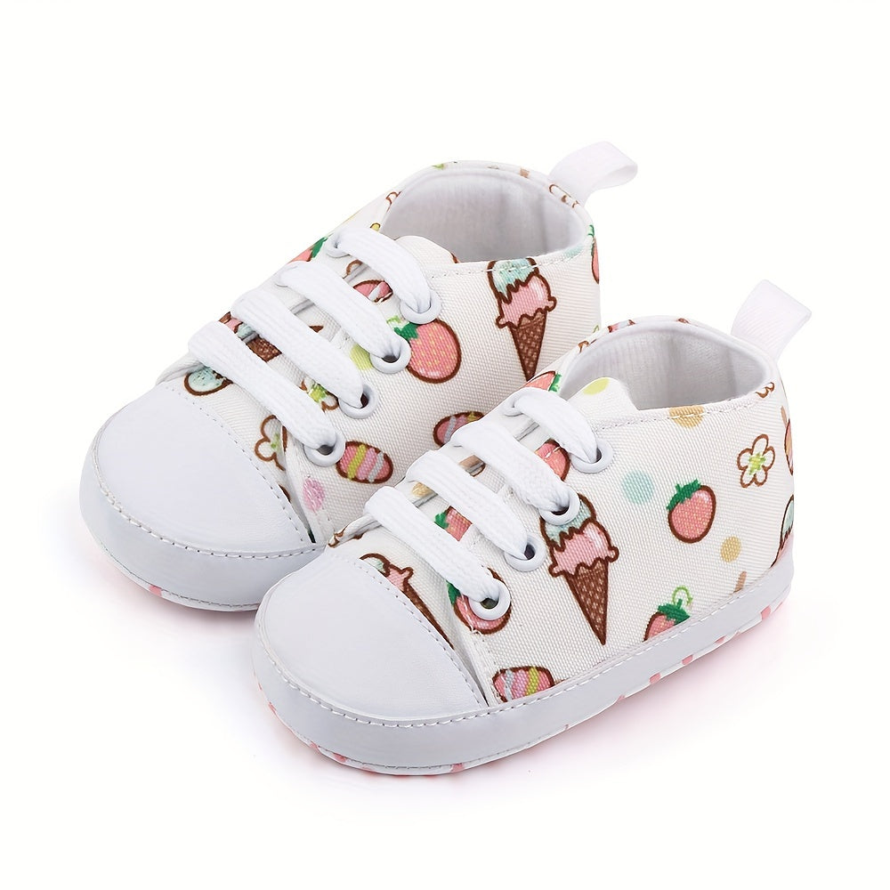 Baby Canvas Sneakers with Cartoon Print Adjustable Lace-Up Indoor Casual Shoes