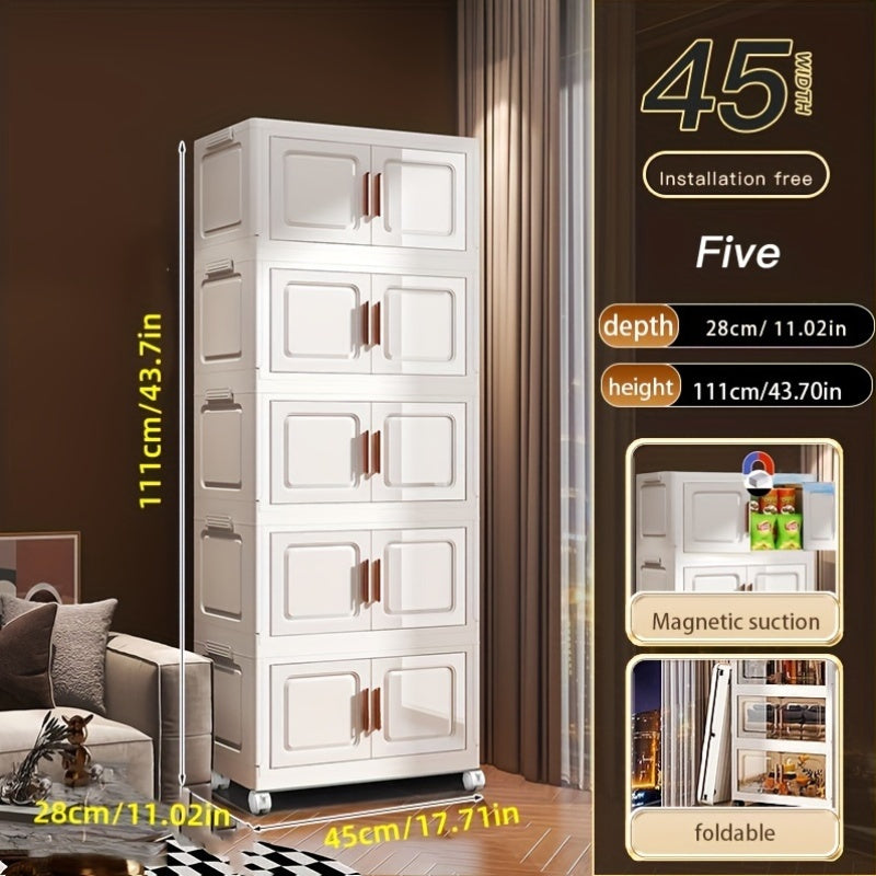 Складной органайзер для хранения PP с колесами, двойными дверцами и многоуровневыми полками