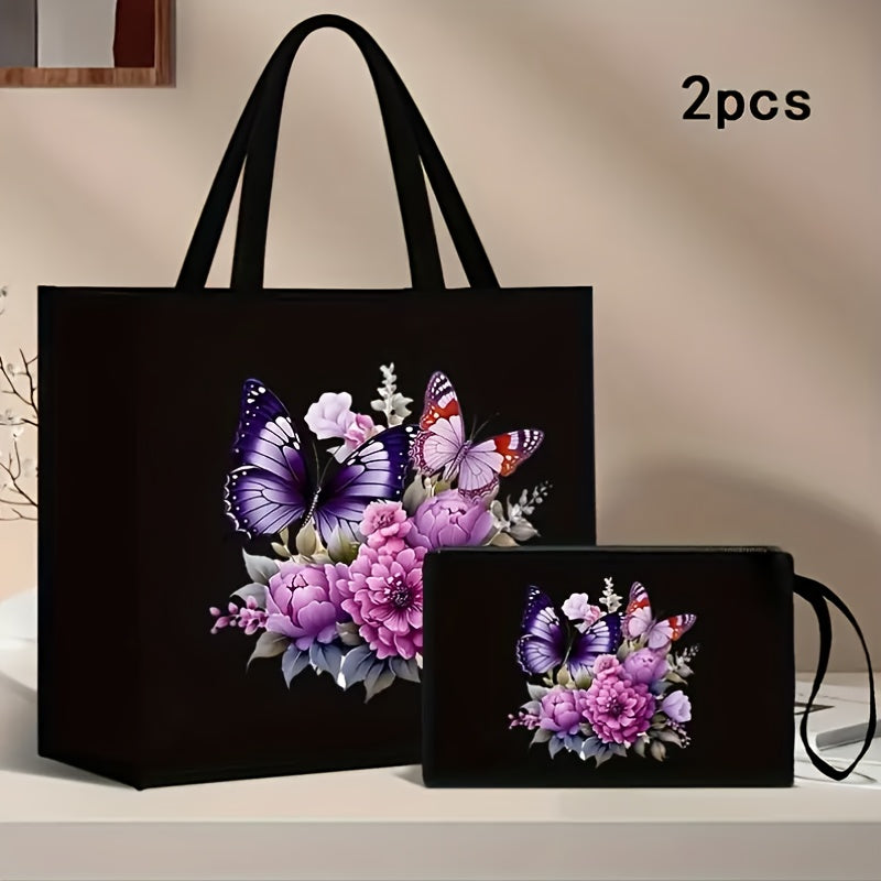 Handbag and Wallet Set with Butterfly and Floral Print Durable Shoulder Strap Magnetic Closure