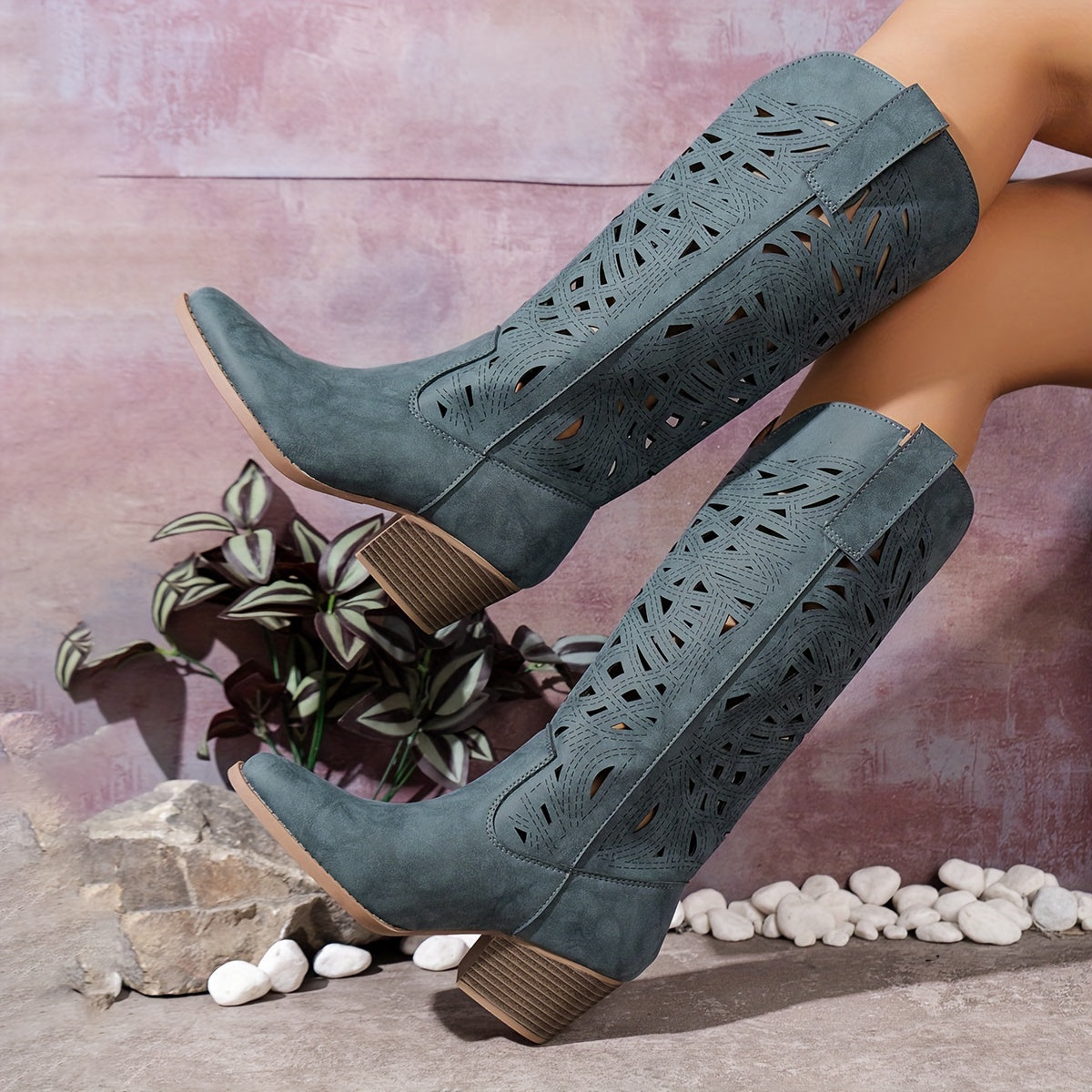 Women's Leather Slip-On Western Boots with Breathable Design for Summer and Travel