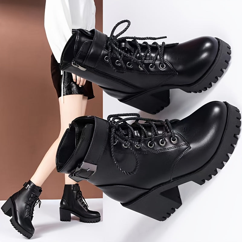 Women Ankle Boots Leather Punk Platform Heel Lace-Up Zipper Black