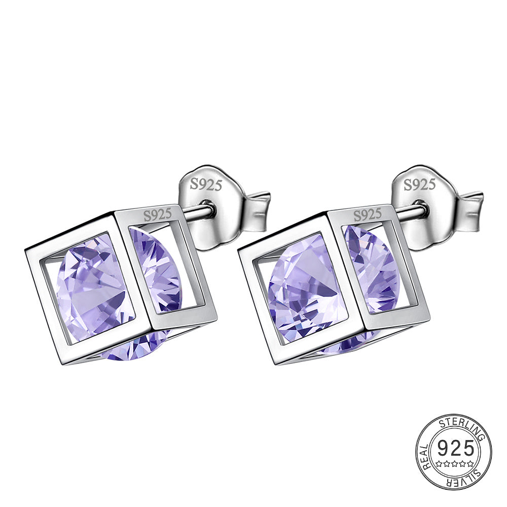 Small 3D Cube Birthstone Stud Earrings for Women Sterling Silver Minimalist Birthday Gift