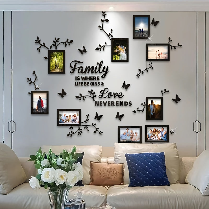 Acrylic Wall Decor Stickers Set with Flower Branches Butterflies and Photo Frames for DIY Home Office Wall Decoration
