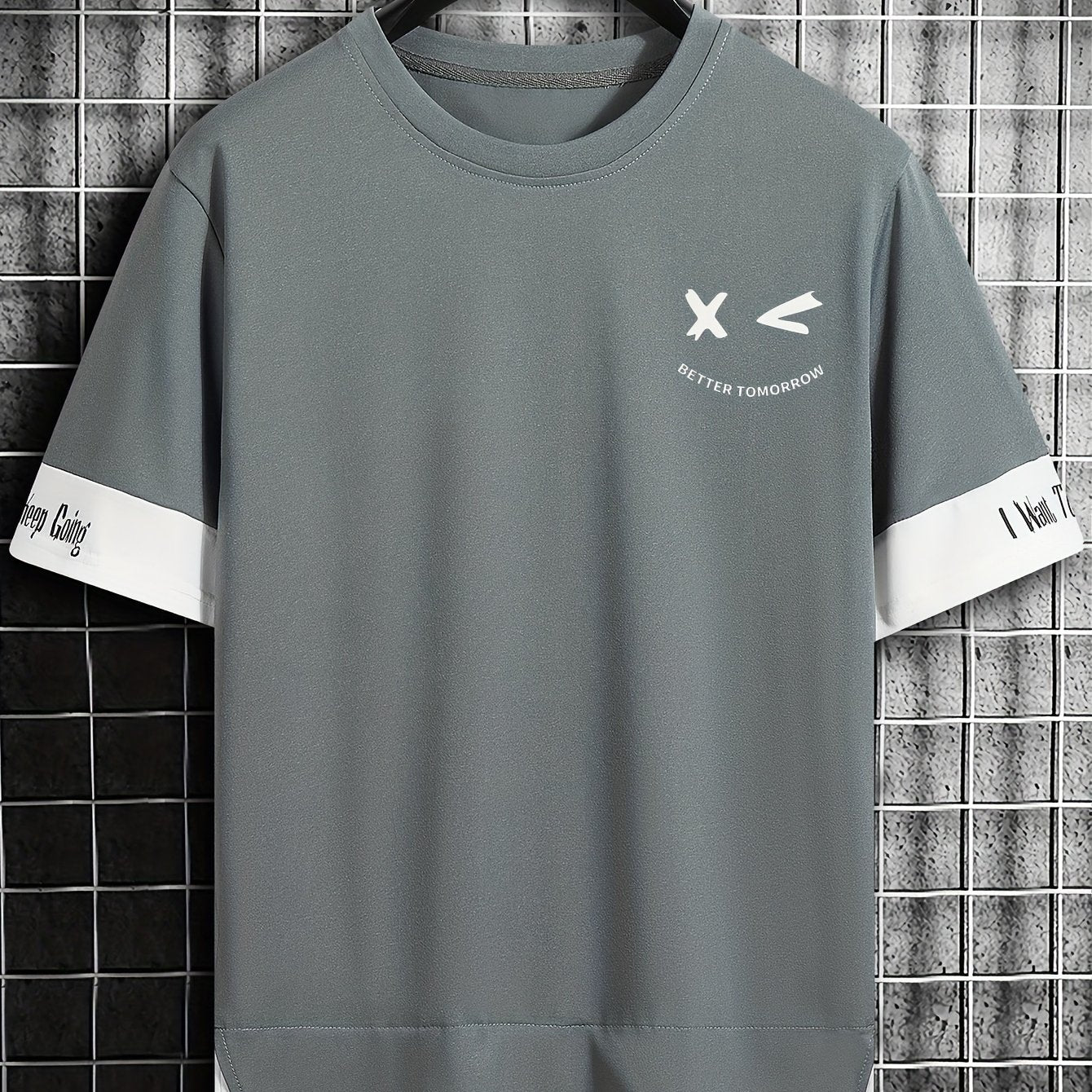 Men's Color-Blocked Short Sleeve T-Shirt with Letter Print Faux Two-Piece Summer Casual