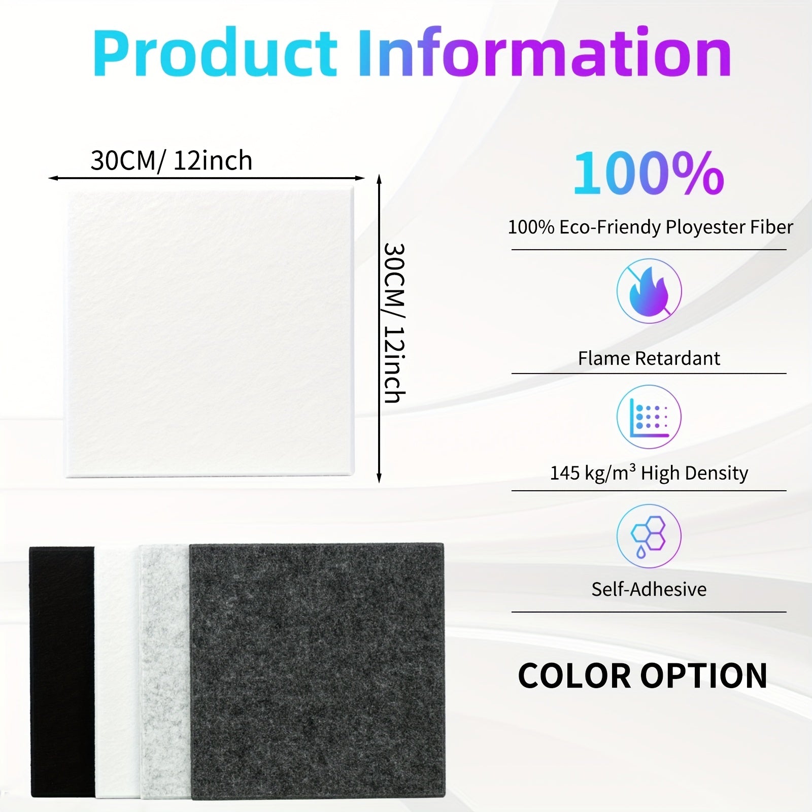 12x12 dyuymli o'z-o'zini yopishtiradigan akustik panellar oq, qora, kul rangda, uy, ofis, studiya uchun ovopuflaydigan to'siq