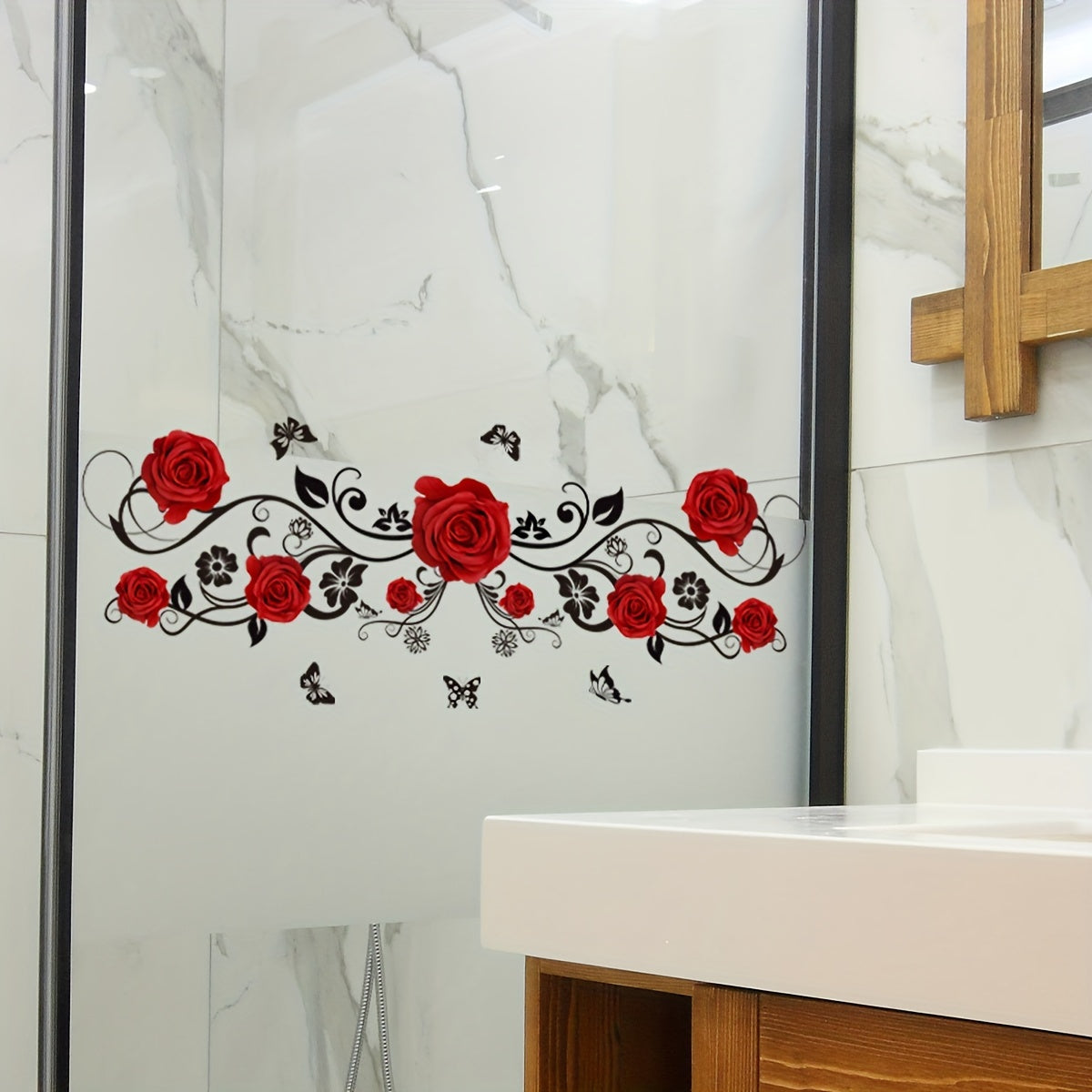 Juego de dos pegatinas de pared de mariposas con enredadera de rosas rojas para baño 50x15cm para decoración del hogar