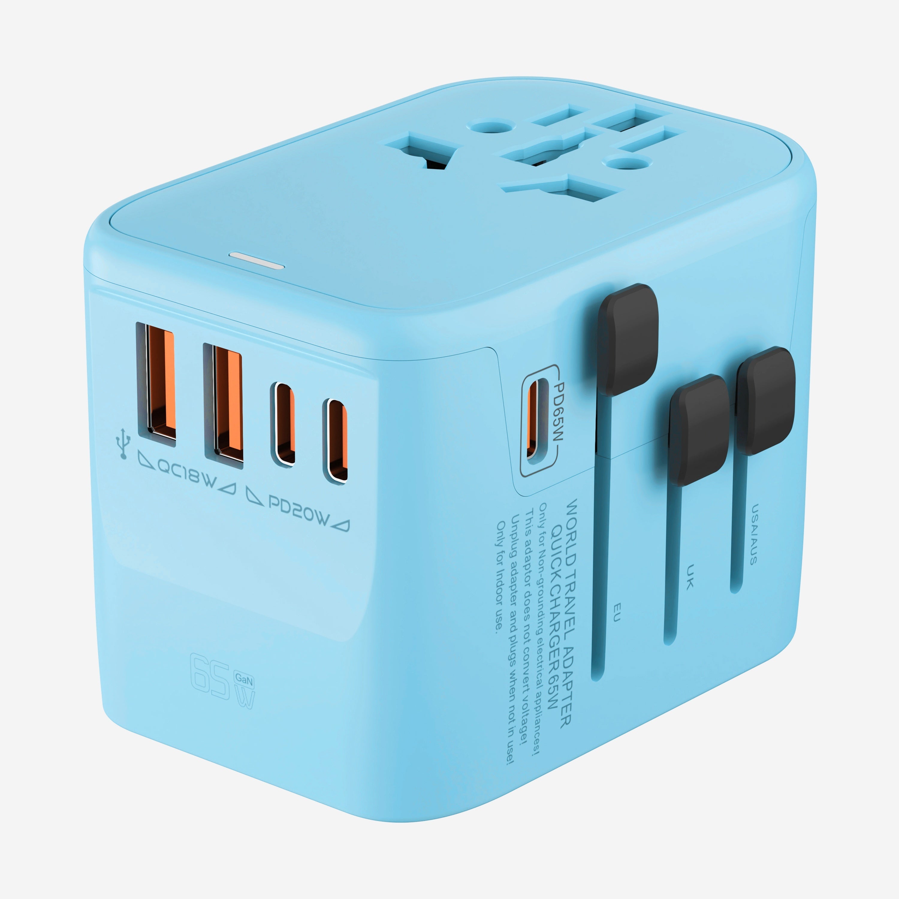 65W GaN tez zaryadlovchi Type-C sayohat adapteri, AQSh, Buyuk Britaniya, Yevropa Ittifoqi va Avstraliya standartlariga mos