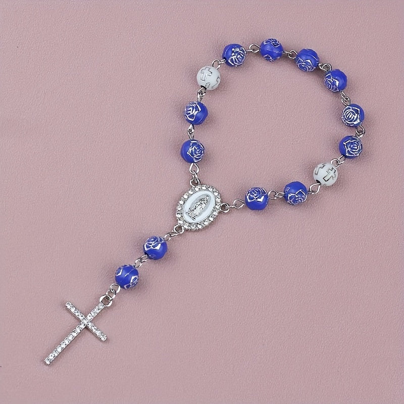 Car Rearview Mirror Beaded Rosary Cross Charm Faux Pearl Alloy Decoration
