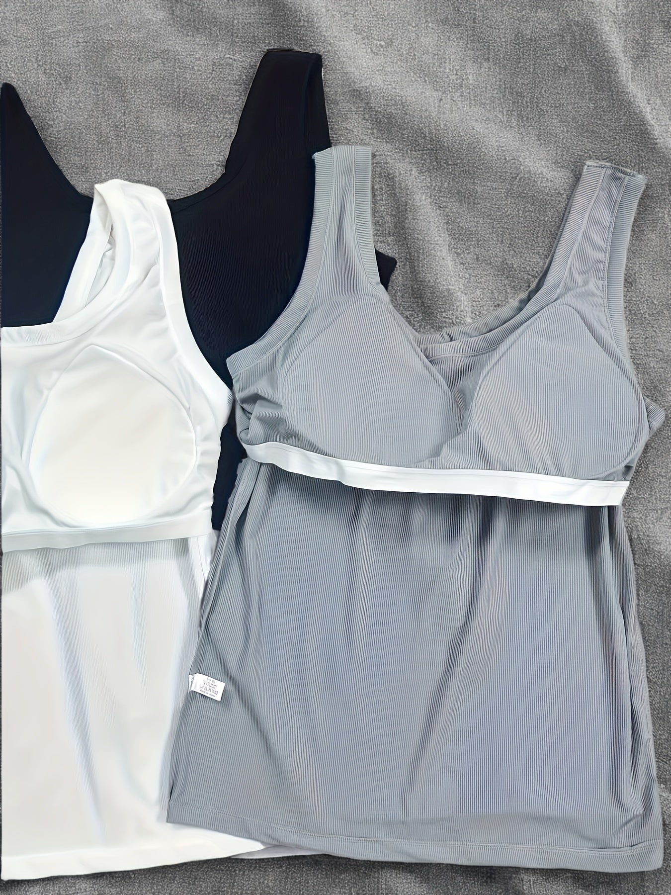 Women's Ribbed Sports Tank Tops 3 Pack with Built-In Bras Gray White Black