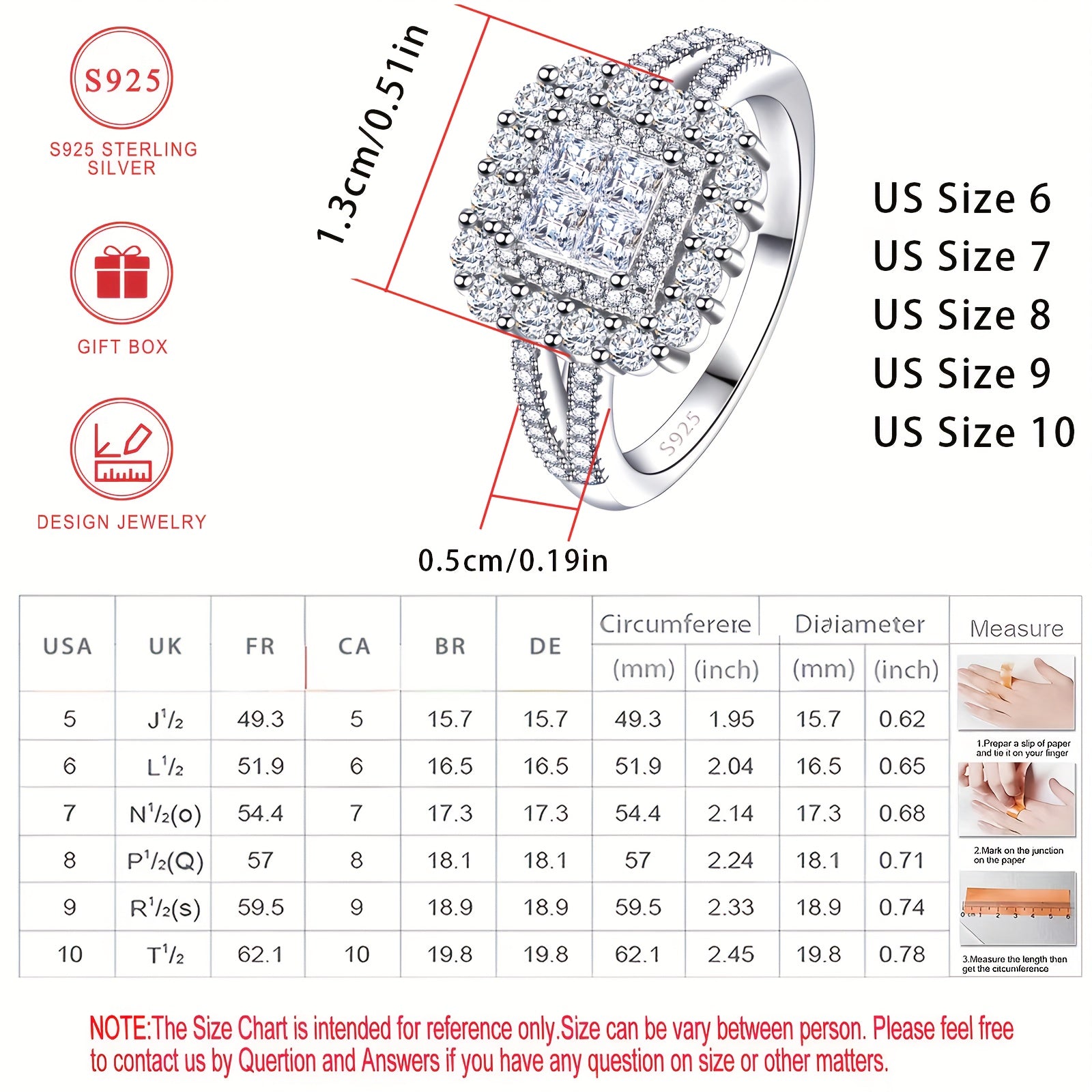 Sterling Silver Square Synthetic Zirconia Ring for Women Engagement Wedding Daily Wear