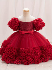 Girls Pink Princess Dress with Sequin Details Puff Sleeves Knee-Length for Pageants and Performances