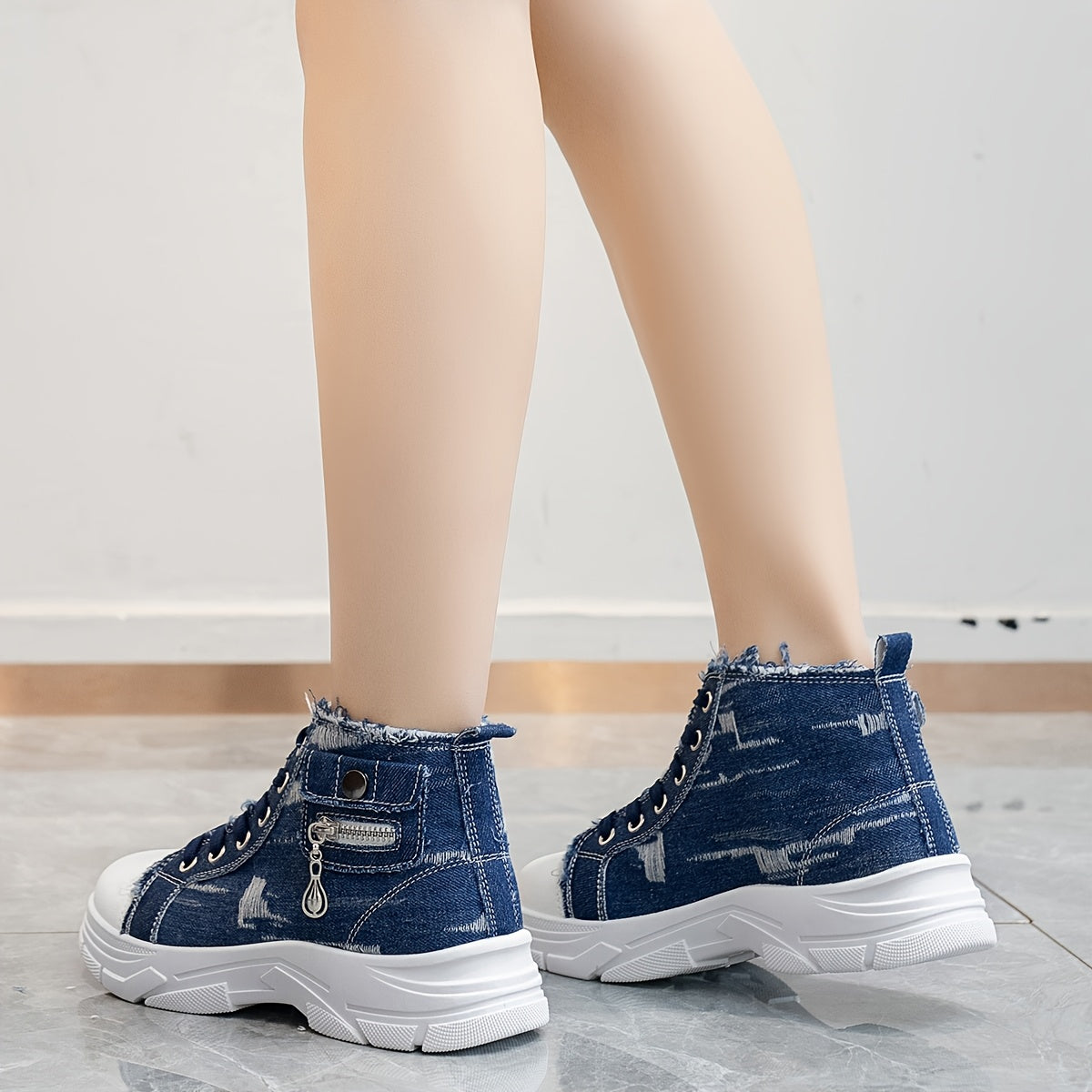 Women's Casual High-Top Sneakers with Thick PVC Sole and Breathable Denim