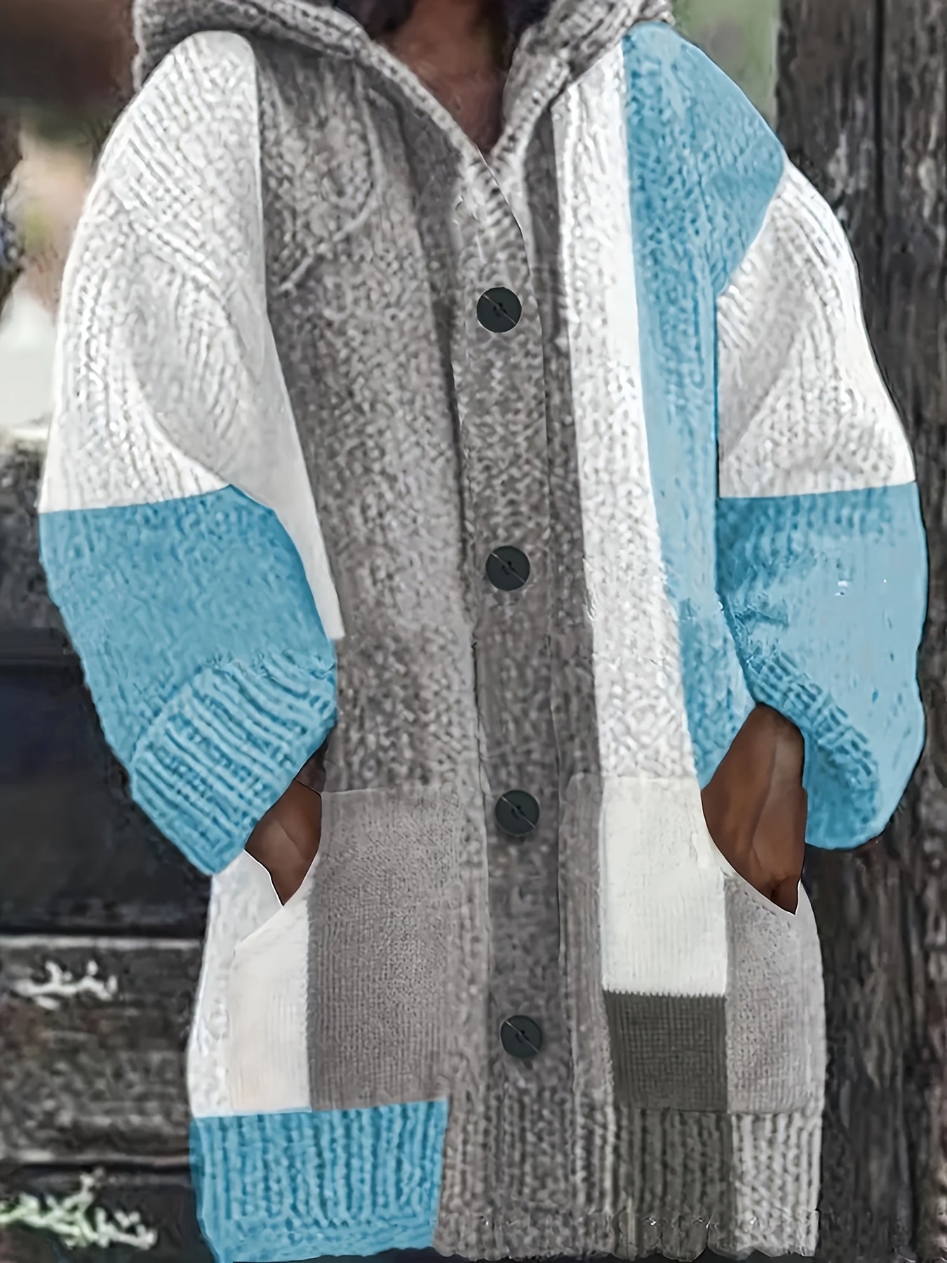 Suéter de punto con capucha y bloques de color para mujer talla grande con bolsillos