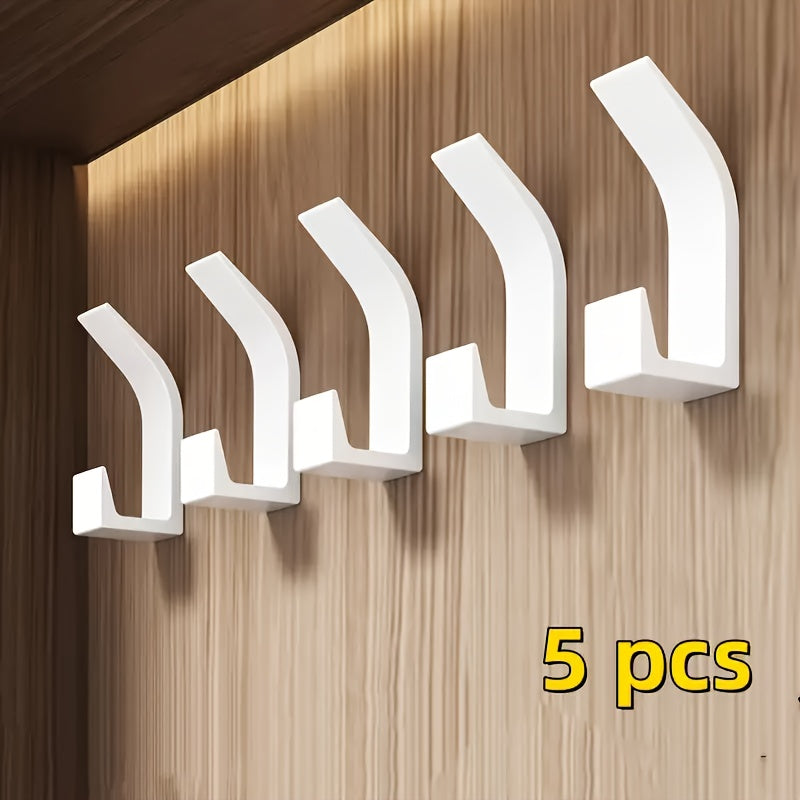 Set of 5 Plastic Wall Hooks No-Drill Adhesive for Towels Coats Bathroom Bedroom Storage