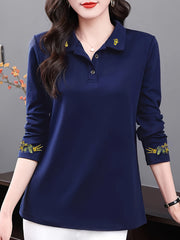 Women's Black Long Sleeve Shirt with Floral Embroidery, Polyester, Casual Spring Fall