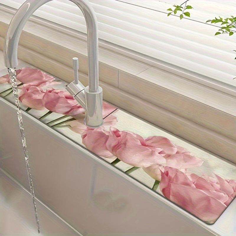 Floral Diatomaceous Earth Faucet Mat Non-Slip Absorbent for Kitchen Bathroom Counter