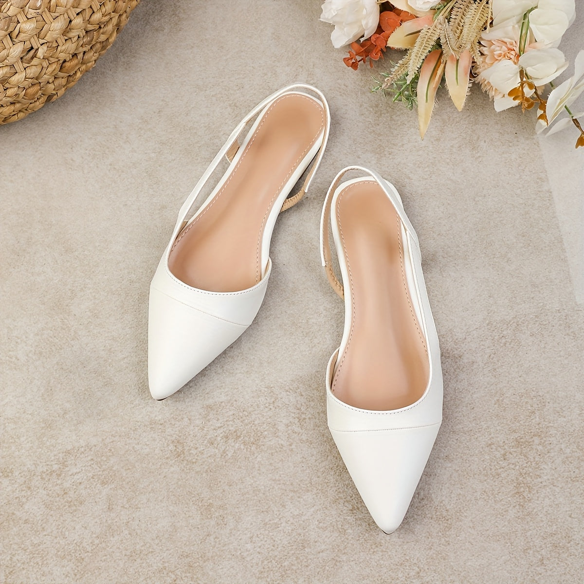 Women's Pointed Toe Flat Sandals White Open Toe Slip-On Casual Formal