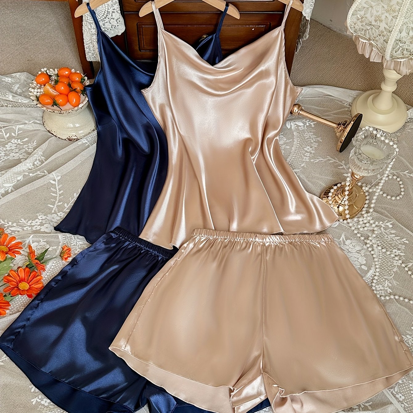 Plus Size Women's Pajama Set Ruffle Sleeve Camisole and Shorts Soft Polyester