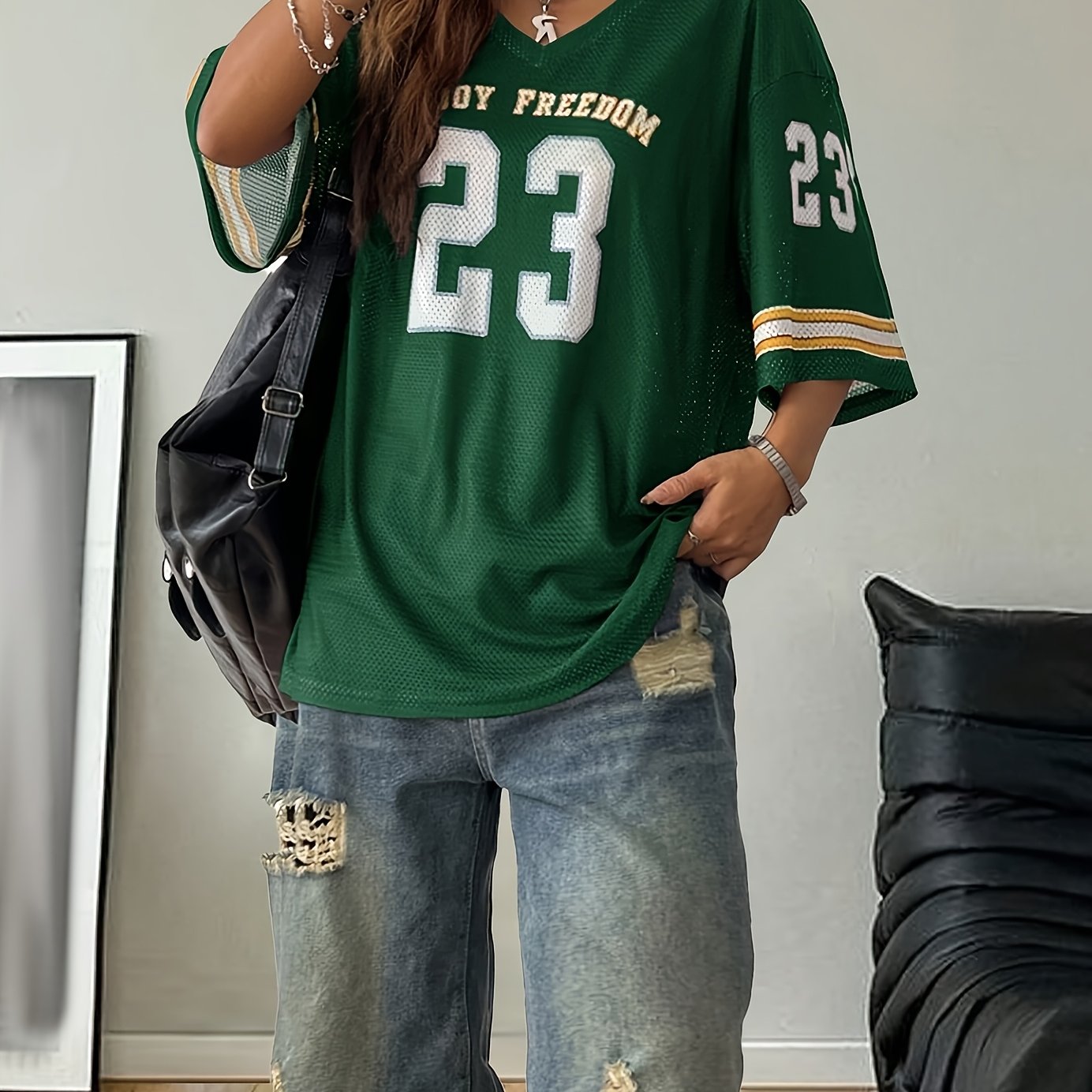 Women's Plus Size Summer Drop Shoulder V-Neck Football Jersey T-Shirt Breathable Semi-Sheer