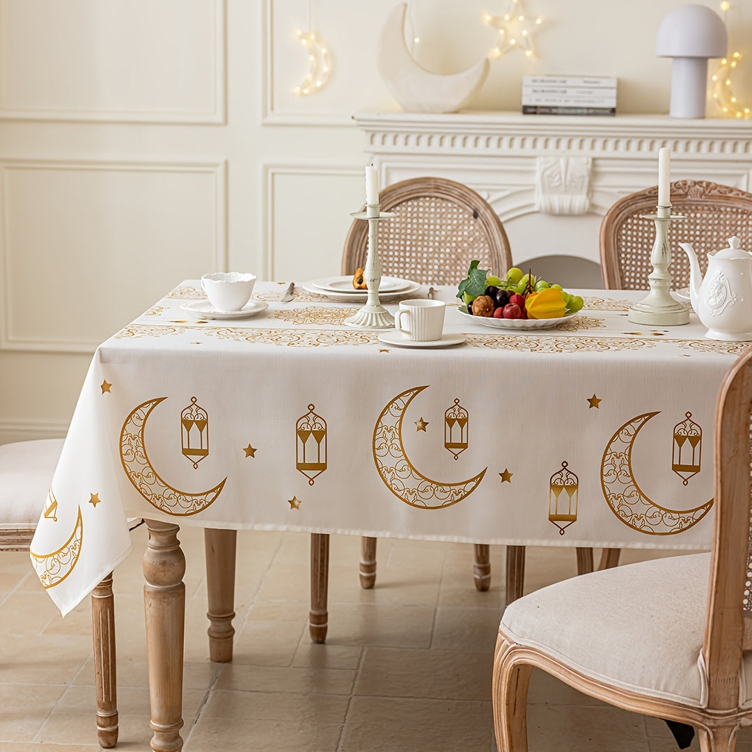 Bohemian Geometric Ramadan Eid Al-Fitr Tablecloth with Golden Moon and Star Design 100% Polyester
