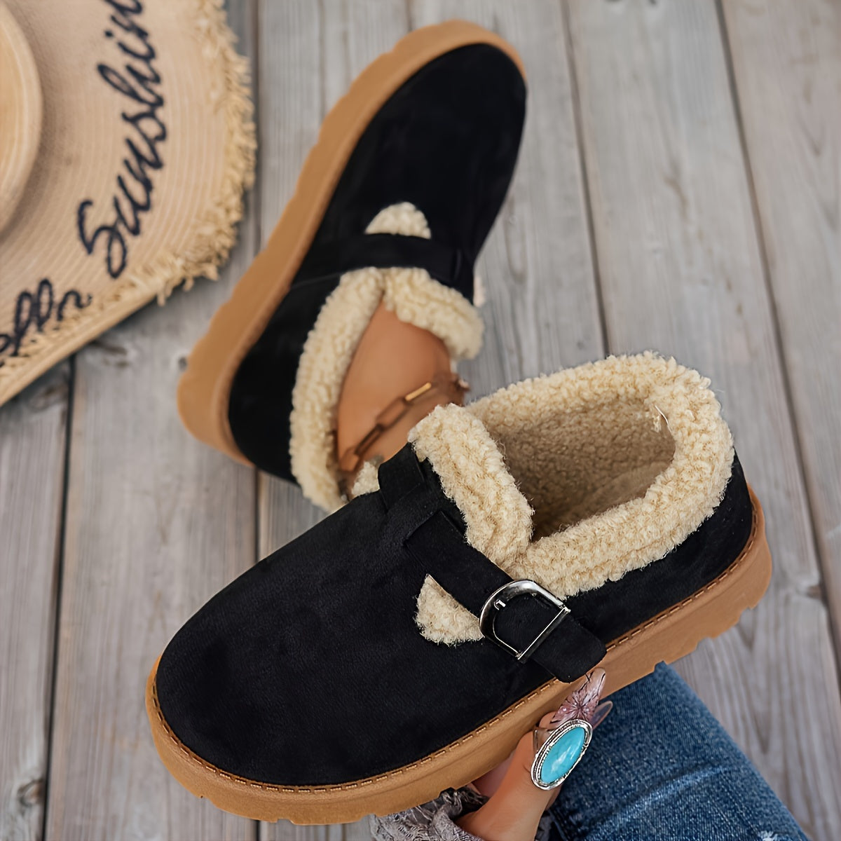 Women's Cozy Winter Ankle Boots Plush Lined Buckle Casual Brown Rubber Sole