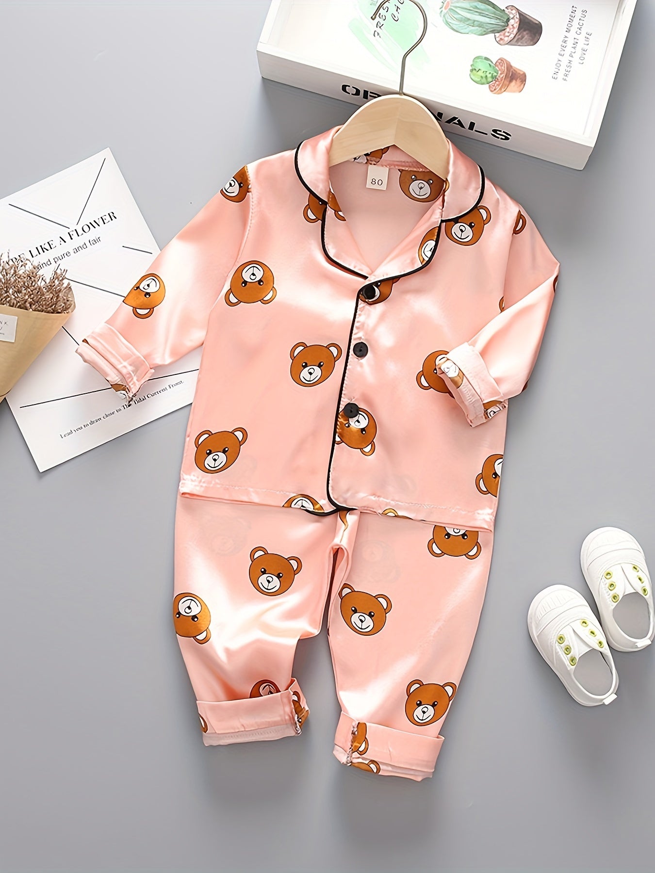Kids Long Sleeve Cartoon Bear Pajamas Set Satin Casual Spring Fall