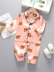 Kids Long Sleeve Cartoon Bear Pajamas Set Satin Casual Spring Fall
