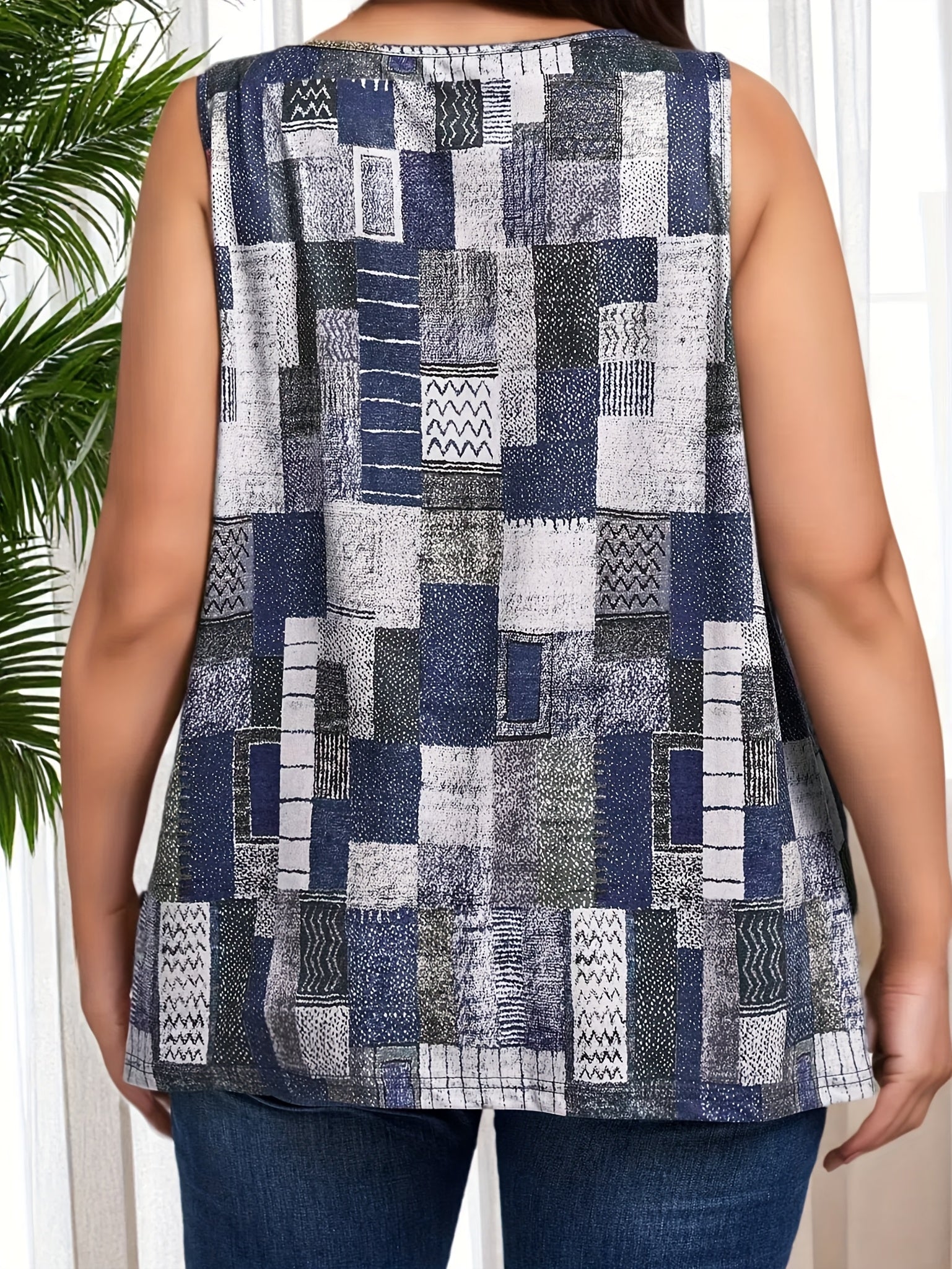 Топ без рукавов для женщин больших размеров с пэчворком и эластичной тканью, синий и белый в клетку