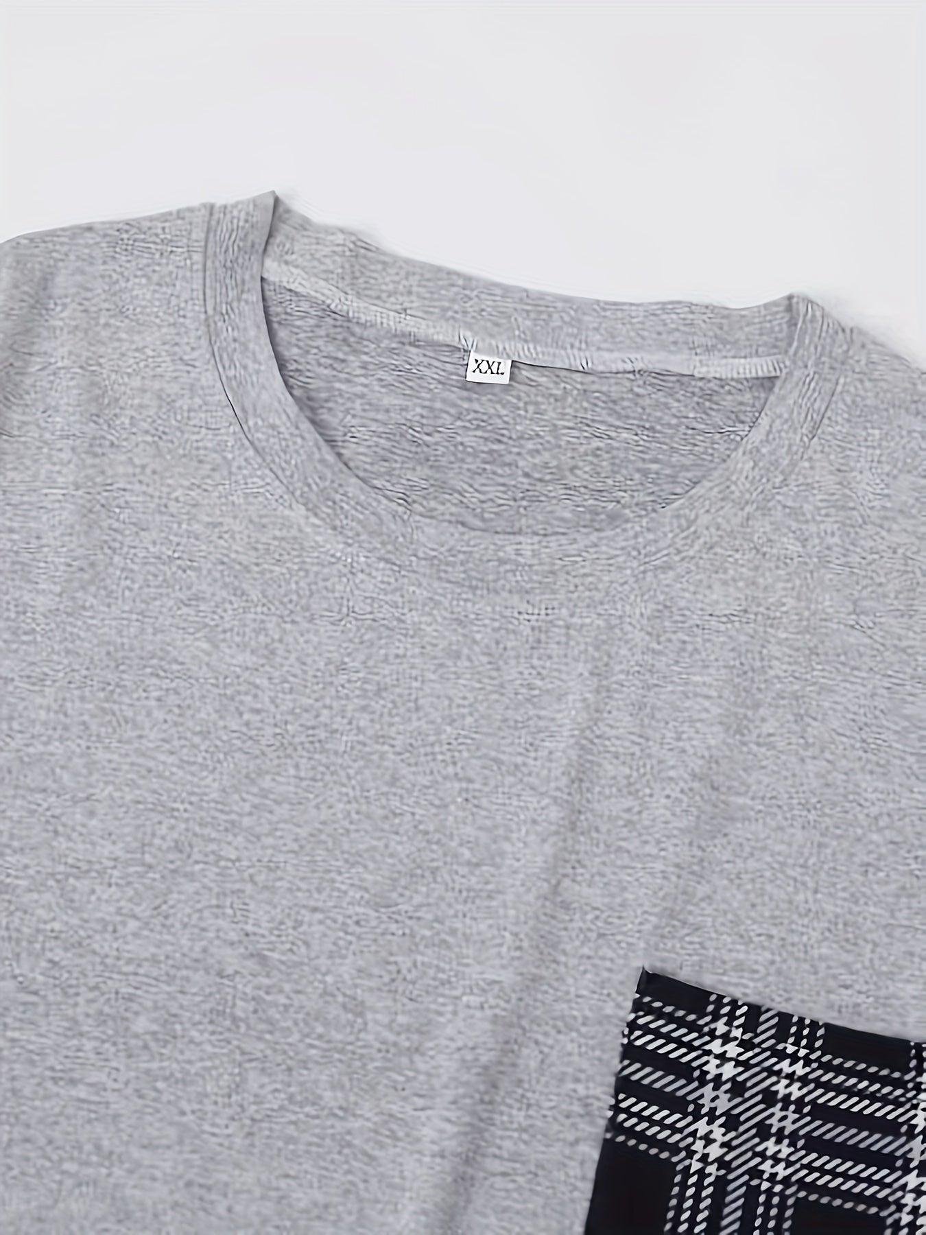 Men's Sleepwear Set Long Sleeve Crew Neck Top and Plaid Pants All-Season Knit Polyester Spandex