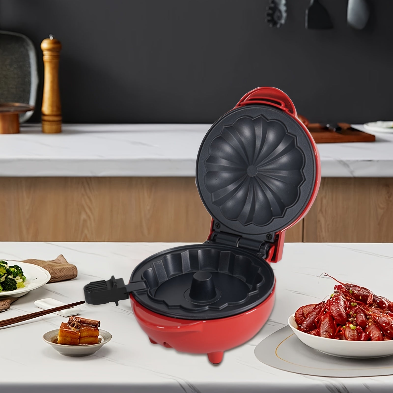 Small red electric kitchen breakfast machine for waffles and sandwiches