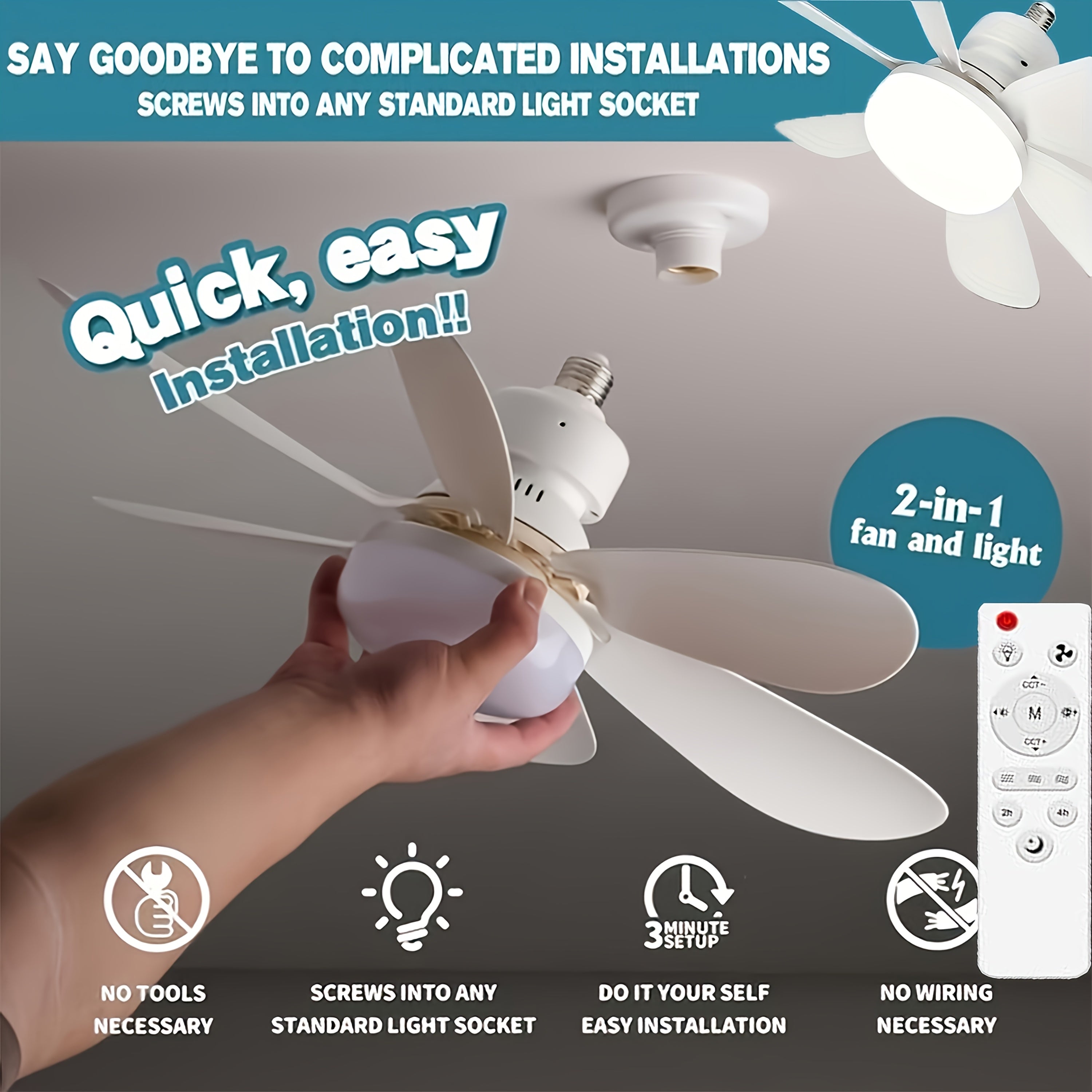 E27 Smart Home Ceiling Fan Light with Remote Control for Indoor Rooms