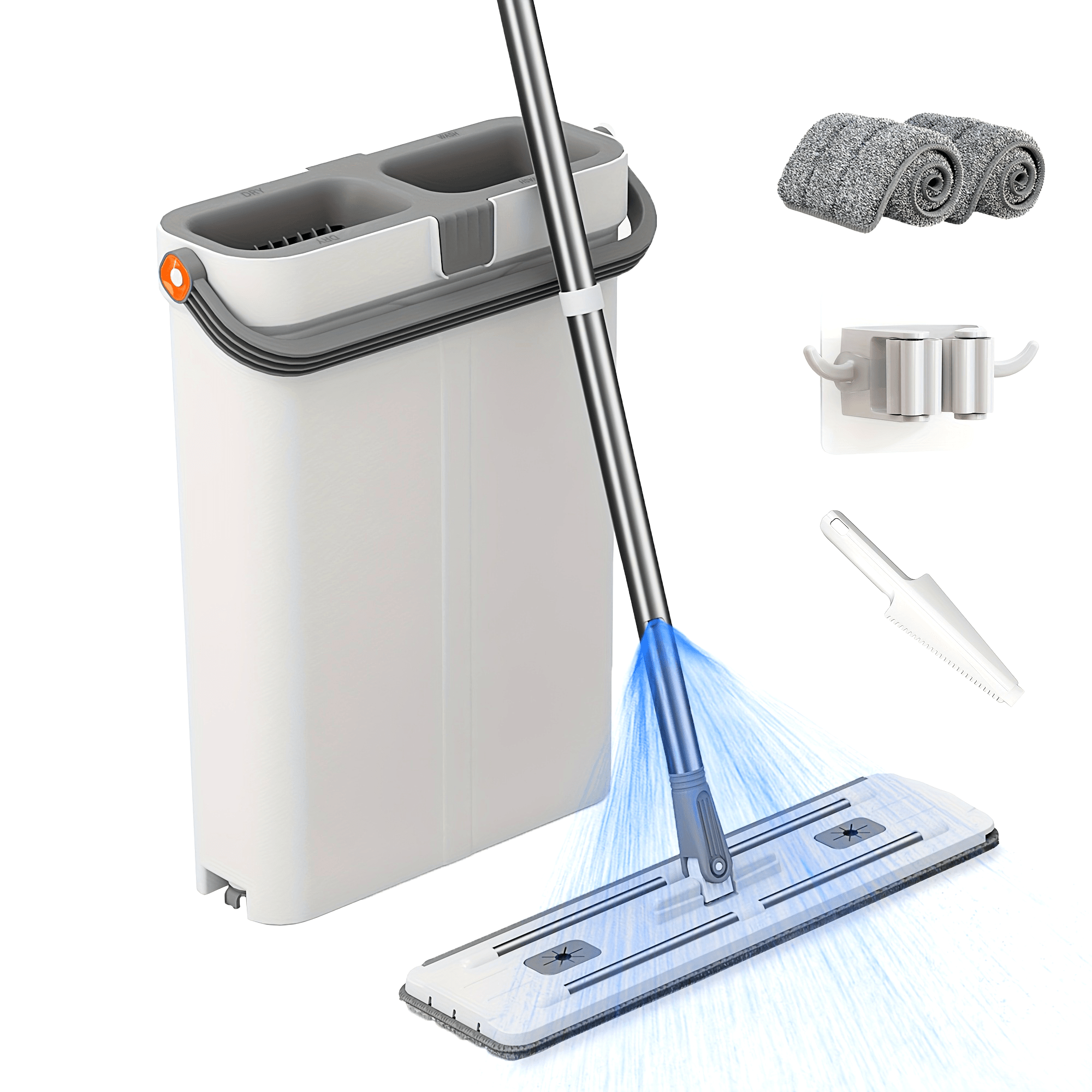 Uy uchun mop va kova to'plami, 2 ta tekis mop, 2 ta mato, qirqish, 360° buriladigan bosh bilan