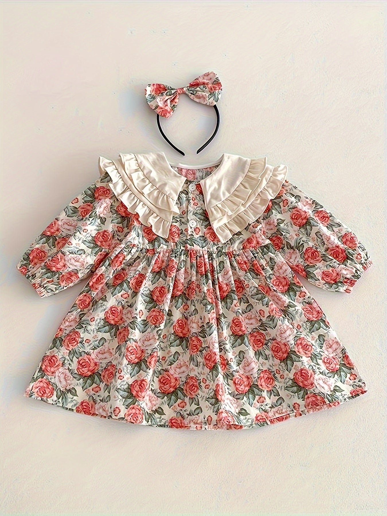 Girls Floral Cotton Dress with Ruffled Collar and Matching Headband for Newborns to Toddlers Spring Fall