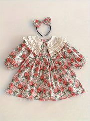 Girls Floral Cotton Dress with Ruffled Collar and Matching Headband for Newborns to Toddlers Spring Fall