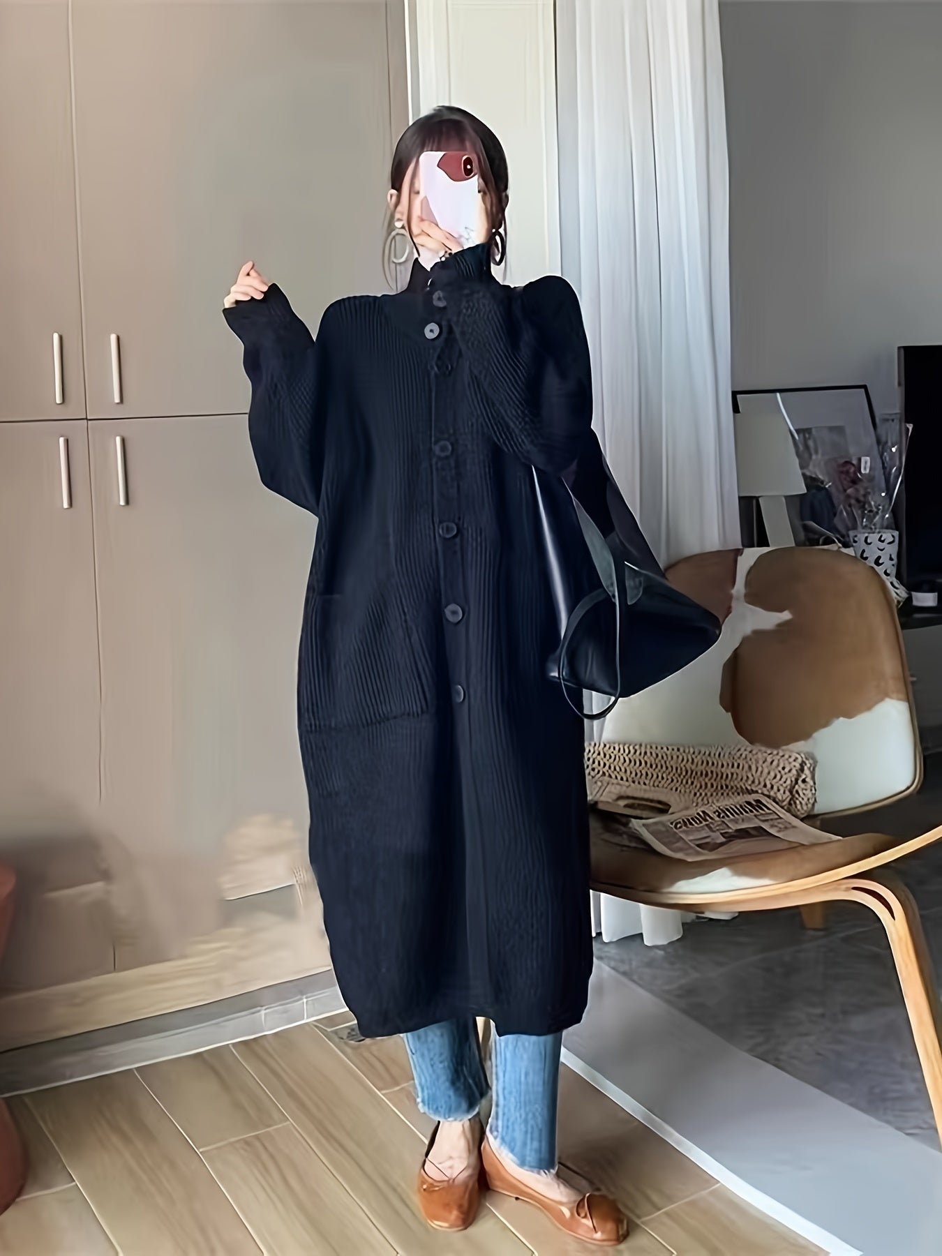 Plus Size Gray Knit Cardigan for Women Casual Fall Winter Long Sleeve Pockets Stand Collar