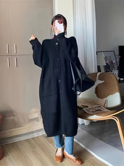 Plus Size Gray Knit Cardigan for Women Casual Fall Winter Long Sleeve Pockets Stand Collar