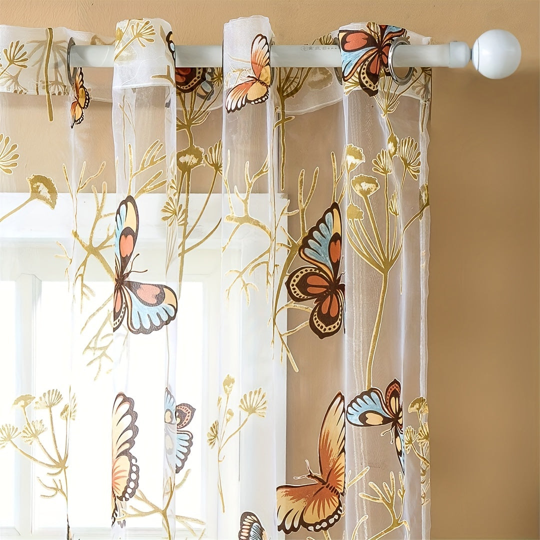 Butterfly Print Sheer Curtain Grommet Top Tulle Window Treatment for Bedroom Living Room