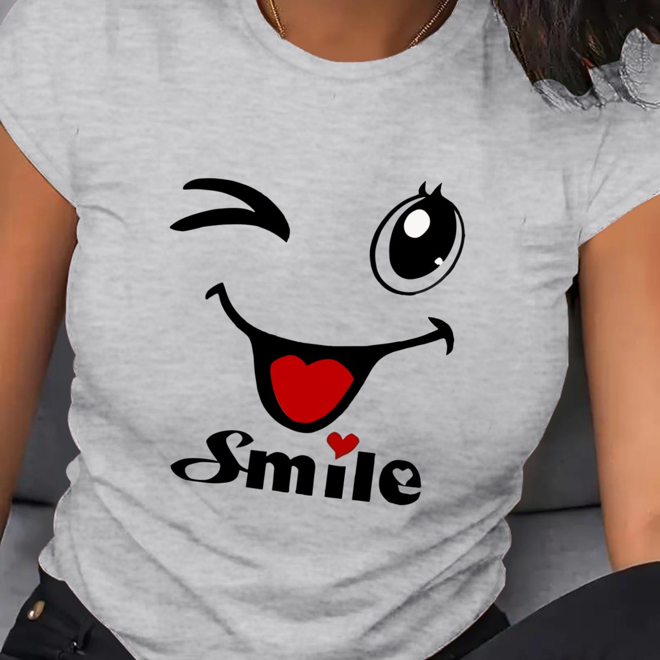 Plus Size Women's Cartoon Face T-Shirt Breathable Short Sleeve Crew Neck