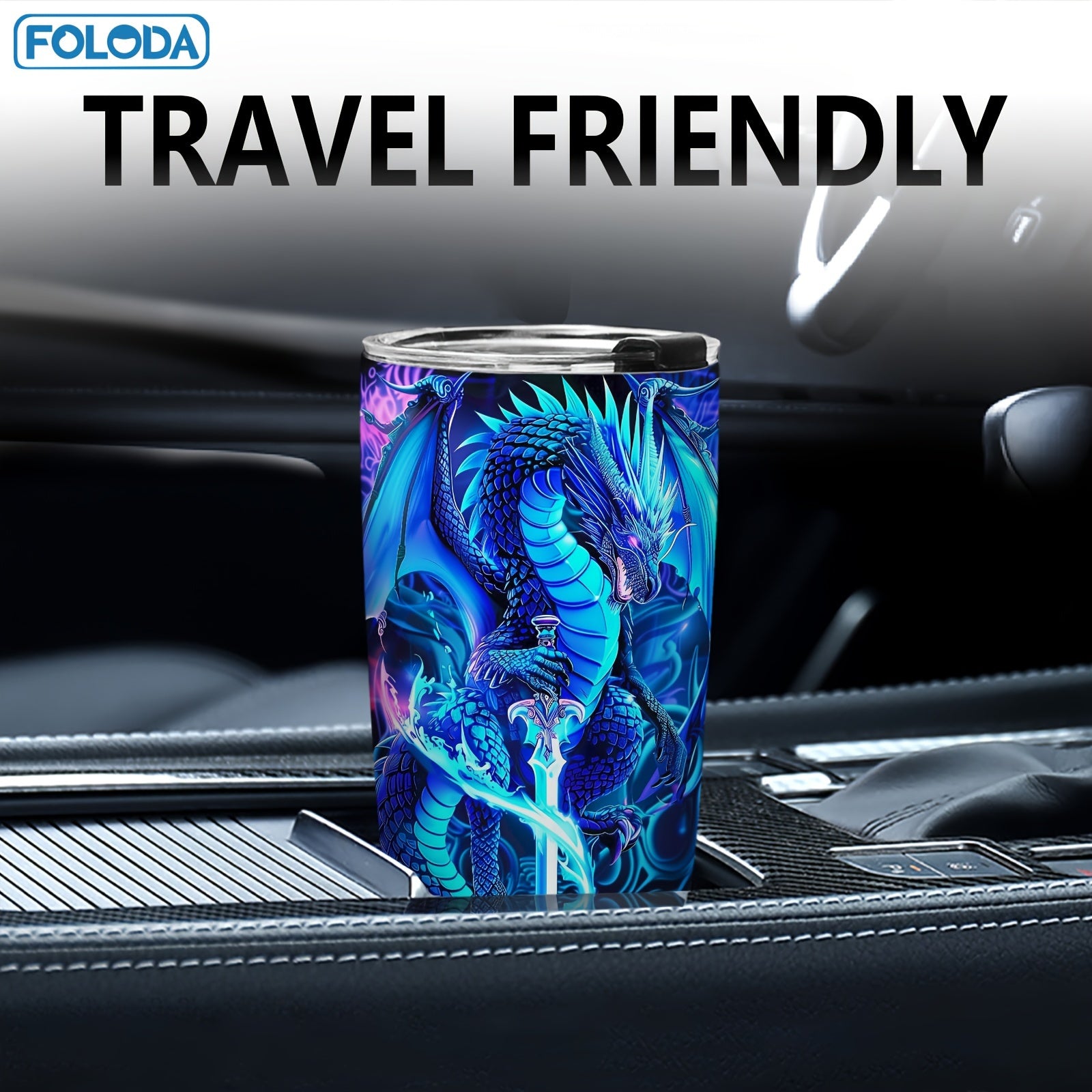 20oz zanglamaydigan po'lat sayohat mug'i, ajdar afsonasi dizayni bilan, tashqi va ta'til uchun mo'ljallangan