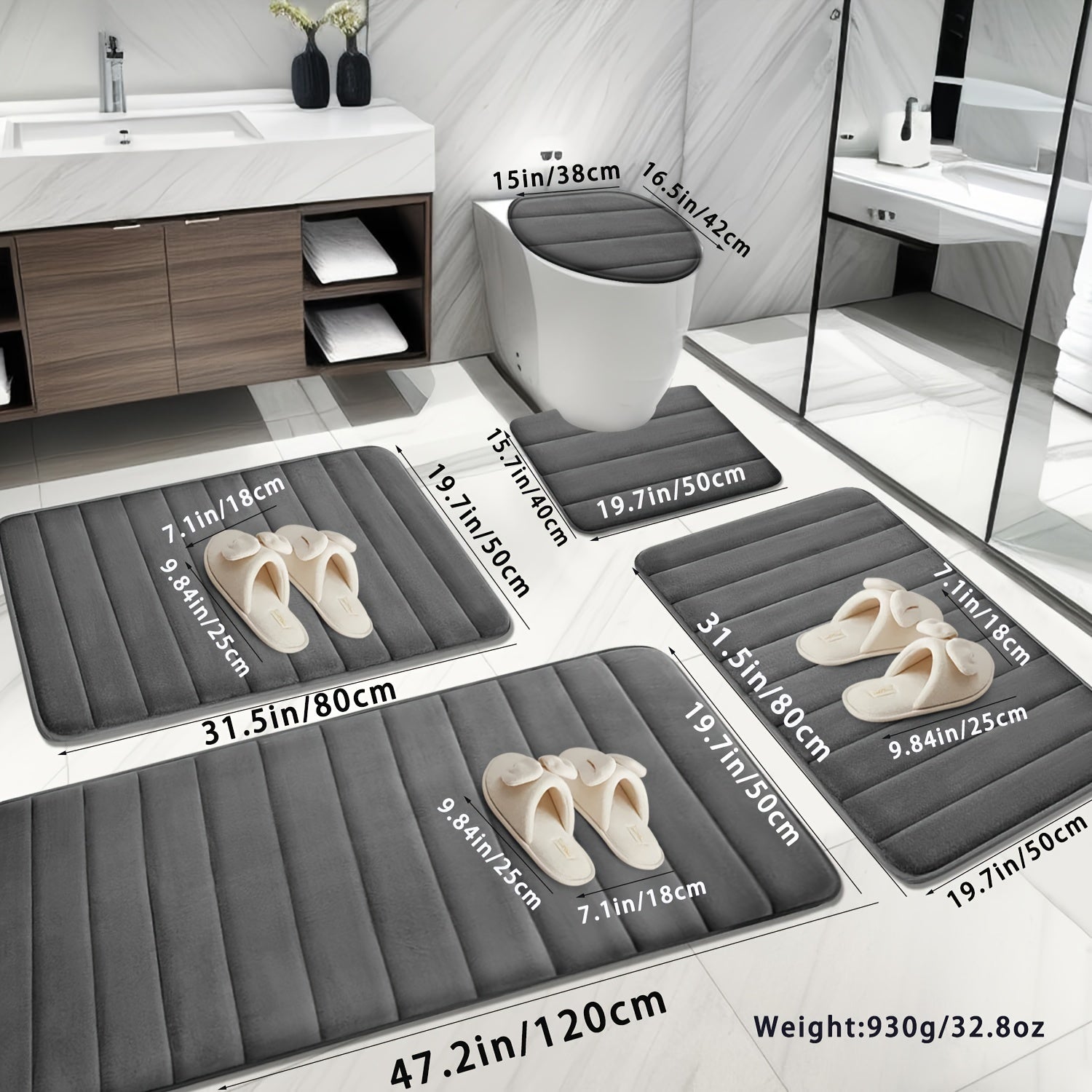 Набор из 5 ковриков для ванной из памяти с нескользящей, впитывающей мягкой полиэстеровой тканью в черном, сером, синем и коричневом цветах